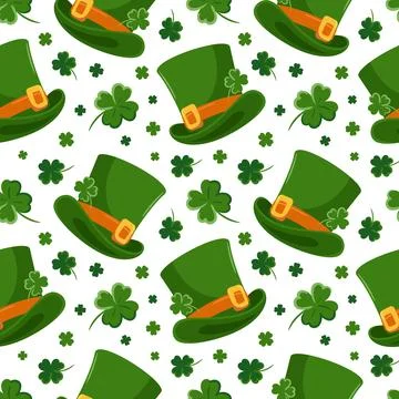 Seamless pattern of St. Patricks Day symbols. Leprechauns, top hat, Cartoon Stock Illustration