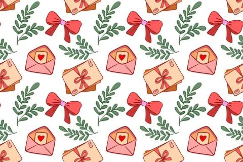 Seamless pattern with a stack of envelopes tied with a pink ribbon and plant 스톡 일러스트