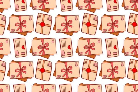 Seamless pattern with stack of envelopes tied with a pink ribbon. Flat style Stock Illustration