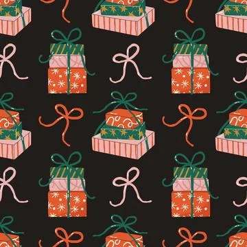 Seamless pattern with stacked gift boxes and ribbons on dark background Stock Illustration