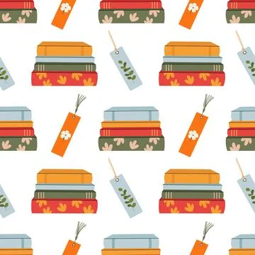 Seamless pattern with stacks of books and cute floral bookmarks vector backgr イラスト素材