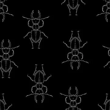 Seamless pattern of stag beetles. Vector background. Hand-drawn style. Stock Illustration