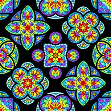 Seamless pattern with stained-glass window in gothic style. Medieval mosaic tile Stock Illustration