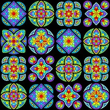 Seamless pattern with stained-glass window in gothic style. Medieval mosaic tile Stock Illustration