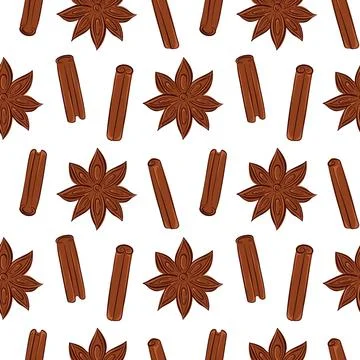 Seamless pattern of star anise and cinnamon stick in flat style on white Stock Illustration