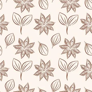 Seamless pattern of star anise with cinnamon leaf in line art style on beige Stock Illustration
