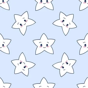 Seamless pattern with star on light blue background. Cute kawaii star chara.. Stock Illustration