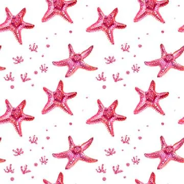 Seamless pattern with starfish and algae. Stock Illustration