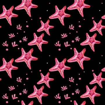 Seamless pattern with starfish and algae. Stock Illustration