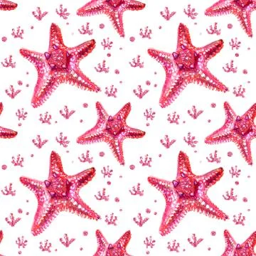 Seamless pattern with starfish and algae. Stock Illustration