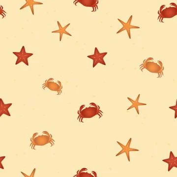 Seamless pattern starfish and crabs on the beach 스톡 일러스트