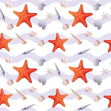 Seamless pattern with starfish and seashells with a wavy pattern. Cute childr イラスト素材