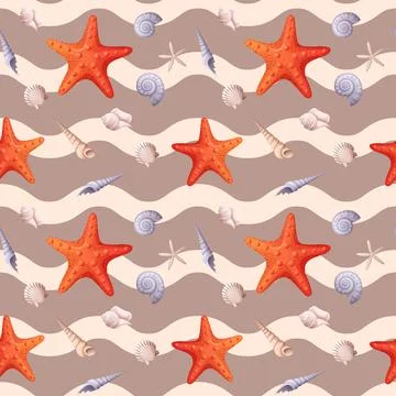 Seamless pattern with starfish and seashells with a wavy pattern. Cute childr Stock Illustration