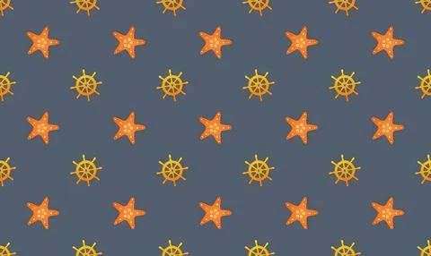Seamless pattern of starfish and ship wheels on blue background Stock Illustration