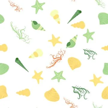 Seamless pattern with starfish, corals, pearls and seashells. Vector backgr.. 스톡 일러스트