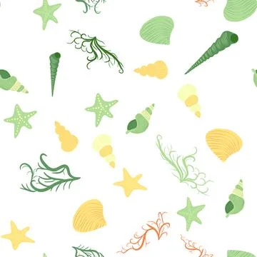 Seamless pattern with starfish, corals, pearls and seashells. Vector backgr.. イラスト素材