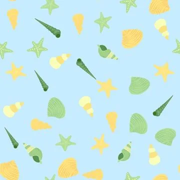 Seamless pattern with starfish, corals, pearls and seashells. Vector backgr.. Stock Illustration