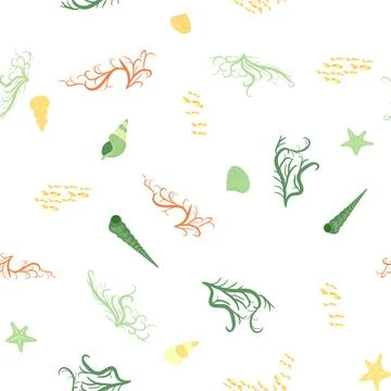 Seamless pattern with starfish, corals, pearls and seashells. Vector backgr.. Illustrazione stock