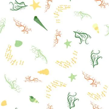 Seamless pattern with starfish, corals, pearls and seashells. Vector backgr.. Stock Illustration