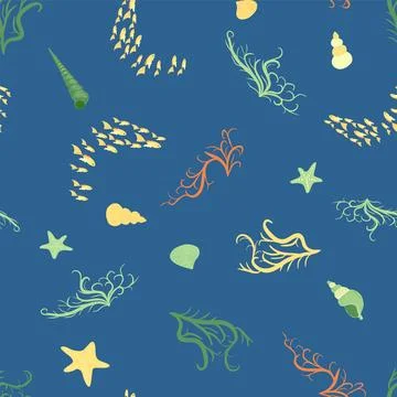 Seamless pattern with starfish, corals, pearls and seashells. Vector backgr.. Illustrazione stock