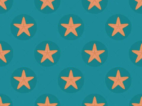 Seamless pattern starfish in retro style. Starfish in a circle on a green bac Illustrazione stock