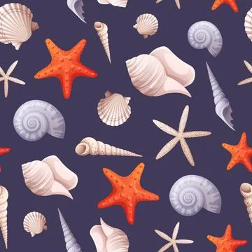 Seamless pattern with starfish, shells, clams on a dark background. Texture f Stock Illustration