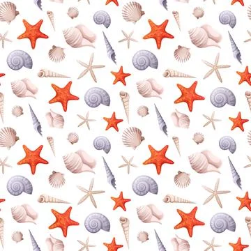Seamless pattern with starfish, shells, clams. Texture for wrapping paper, sc Illustrazione stock