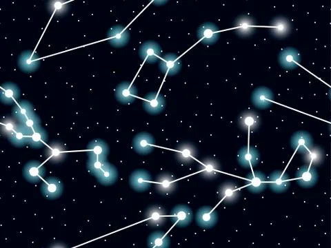 Seamless pattern starry sky with the constellations of Ursa Minor, Virgo, Tel Illustrazione stock