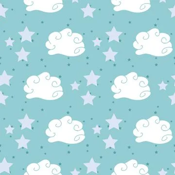 Seamless pattern with stars and clouds on blue background Illustrazione stock