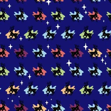 Seamless pattern from stars and deer, a silhouette with stars inside. Vector Stock Illustration
