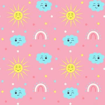Seamless pattern with stars, boho rainbows, kawaii cloud and sun. Stock Illustration