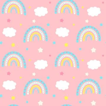 Seamless pattern with stars, boho rainbows and clouds. Stock Illustration