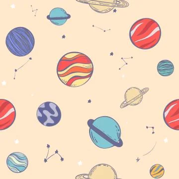 Seamless pattern with stars, constellations, planets and hand drawn elements. Stock Illustration