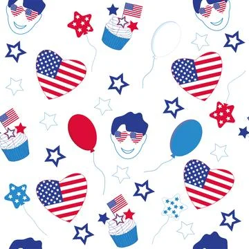 A seamless pattern with stars, a cupcake, a US flag and the head of a boy wea Stock Illustration
