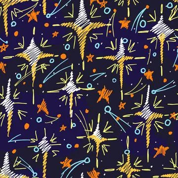Seamless pattern. Stars in the dark sky. In the style of a childish drawing by Stock Illustration
