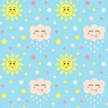 Seamless pattern with stars, kawaii cloud and sun. Stock Illustration