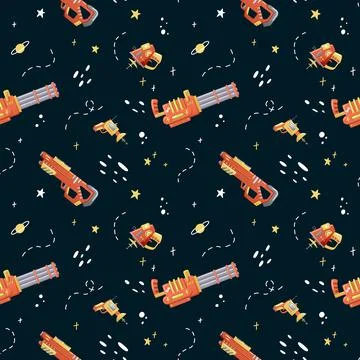 Seamless pattern with stars, planets and futuristic weapon space blaster guns. Stock Illustration