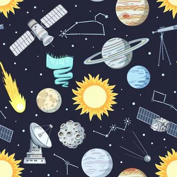 Seamless pattern with stars, planets and satellites in cosmos. Cartoon prin.. Stock-Illustration