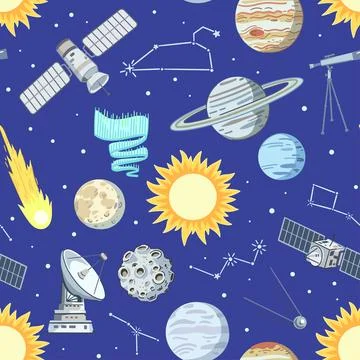 Seamless pattern with stars, planets and satellites in cosmos. Cartoon prin.. Stock Illustration
