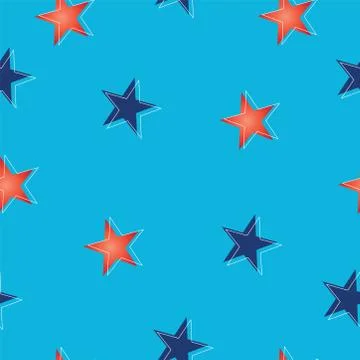 Seamless pattern with stars in red and blue colors - sky blue background Stock Illustration