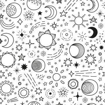 Seamless pattern with stars, sun, moon. Illustrazione stock