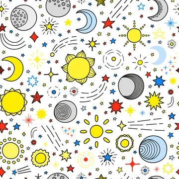 Seamless pattern with stars, sun, moon. Illustrazione stock