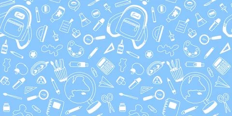 Seamless pattern of stationery and school supplies Stock Illustration