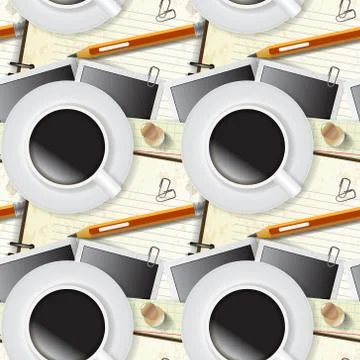 Seamless pattern of stationery, notepad and coffee Stock Illustration