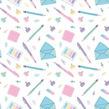 Seamless pattern stationery school supplies. Education, self learning, online Stock Illustration