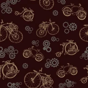 Seamless pattern steampunk with old bicycle and gears Stock Illustration