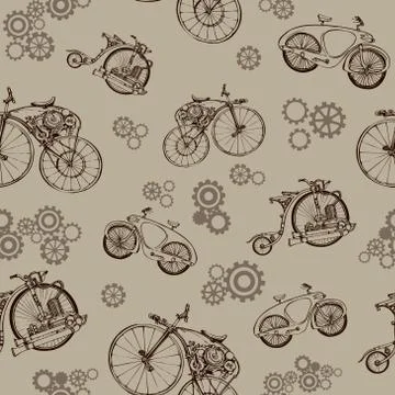 Seamless pattern steampunk with old bicycle and gears Stock Illustration