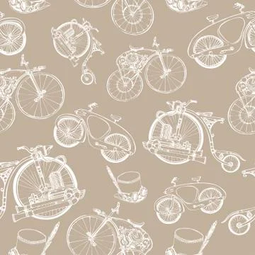 Seamless pattern Steampunk with old bicycle and cylinder hat. Template steampunk Stock Illustration