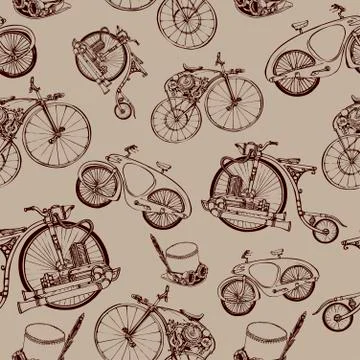 Seamless pattern Steampunk with old bicycle and cylinder hat. Template steampunk Stock Illustration