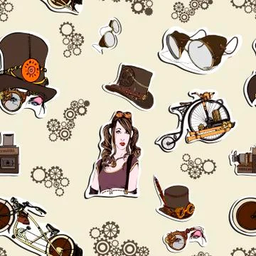 Seamless pattern steampunk with old bicycle, steampunk girl, cylinder, gogla  Illustrazione stock